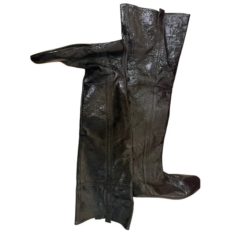 Goldenbleu Black Patent Leather Over The Knee Boots Crinkled Made in Italy 36.5